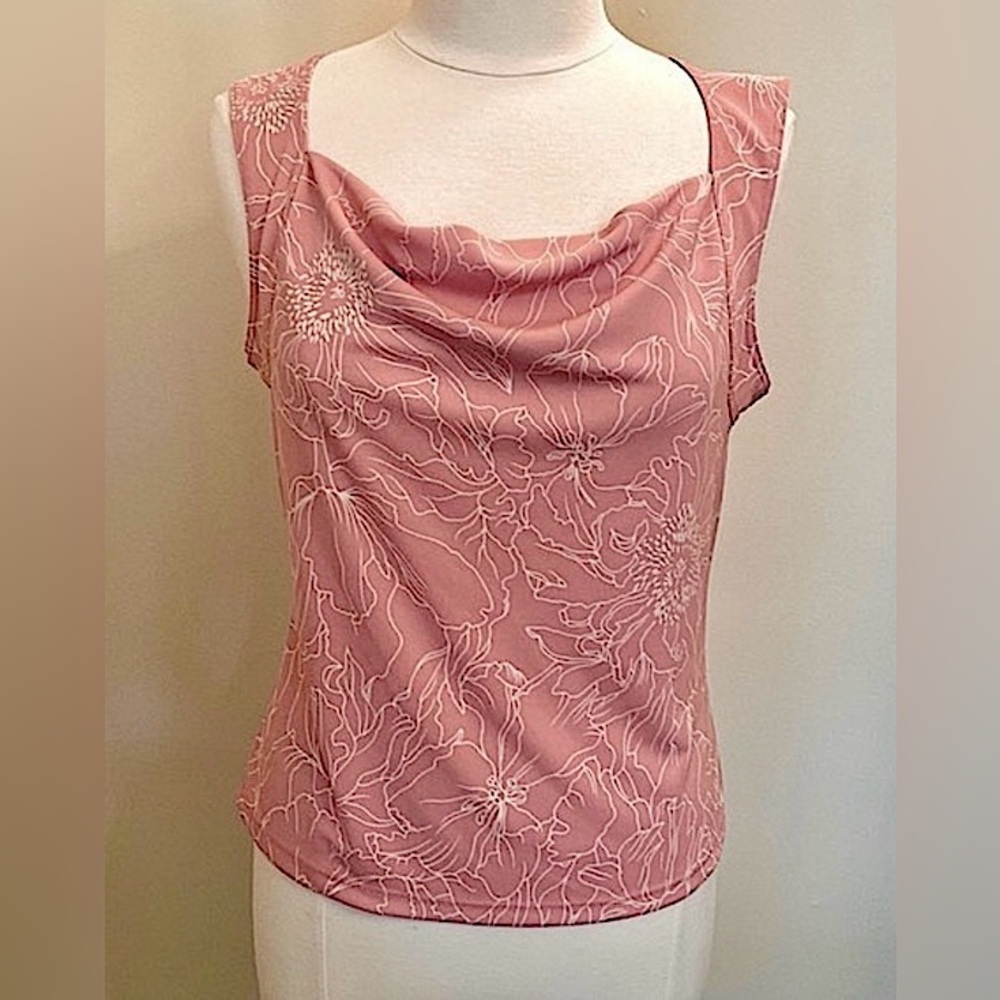 BCBGMAXAZRIA Pink White Floral Print L Romantic Modern Boho Chic Cowl Neck Top